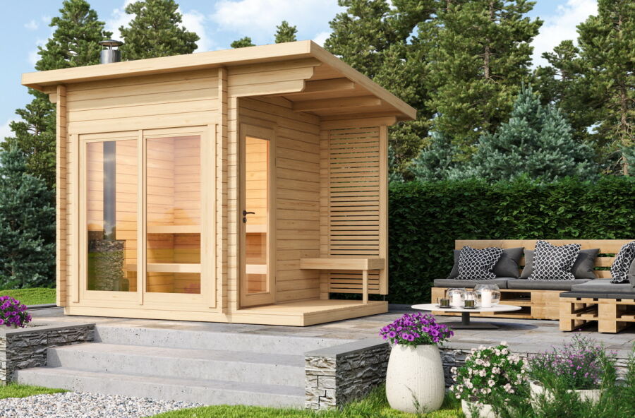 Leil® Saunahaus HALMAR 3 PLUS 300 x228 cm; 40mm Doppelnut; inkl. Terrasse; inkl. Boden
