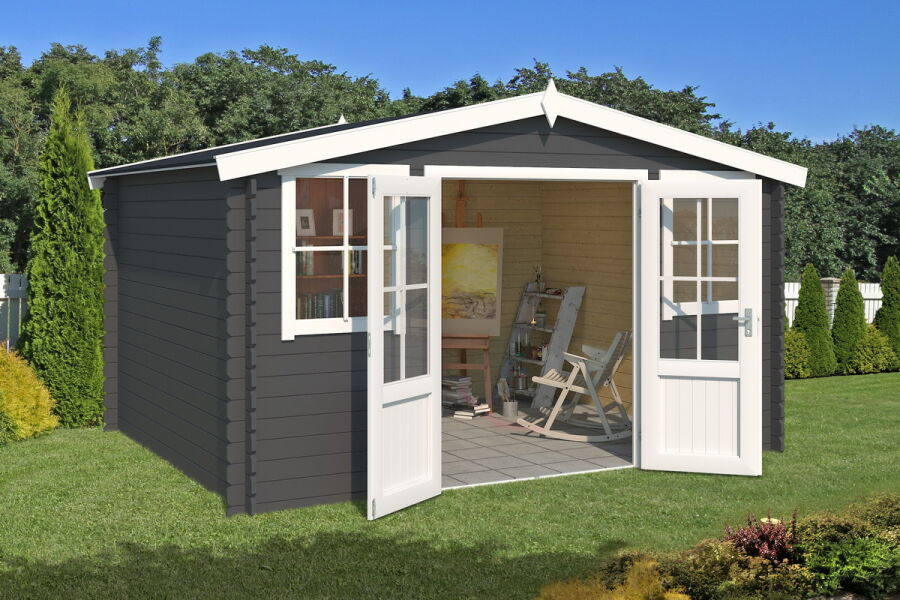 Lasita Maja Gartenhaus DALLAS; 396 x 312 cm; 28 mm Blockbohlen; CARBON GRAU lackiert