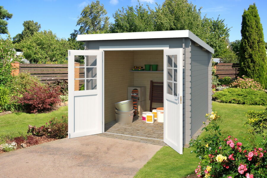Gartenhaus INDI 230; 230 x 230 cm; 28 mm Blockbohlen; LICHT GRAU lackiert