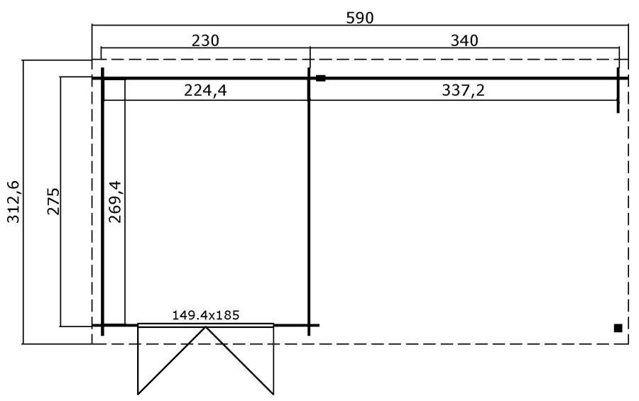 Gartenhaus IVANA 570 x 275 cm, 28 mm, natur / farbig