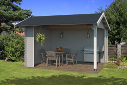 Gartenhaus Unterstand KIRIAN 300; 380 x 300 cm; 28 mm Blockbohlen; LICHT GRAU lackiert