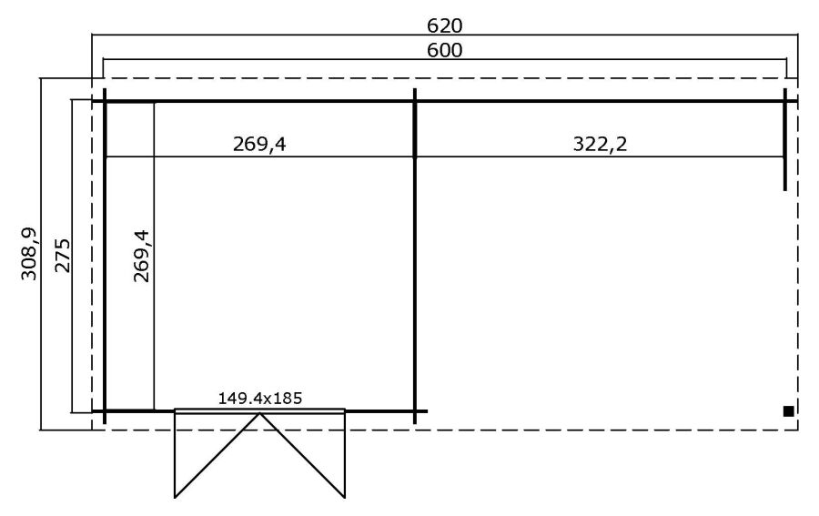 Gartenhaus NOVIA PLUS 600 x 275 cm, 28 mm, natur / farbig