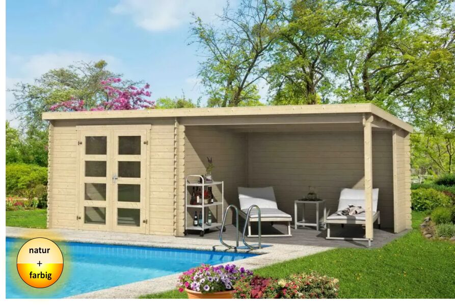 Gartenhaus NOVIA PLUS 600 x 275 cm, 28 mm, natur / farbig