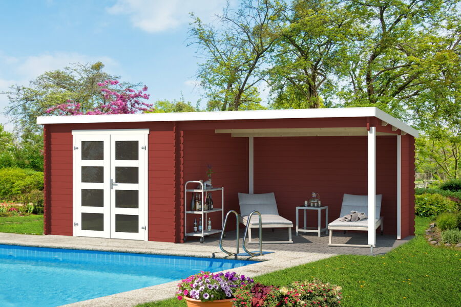 Gartenhaus NOVIA PLUS; 600 x 275 cm; 28 mm Blockbohlen; SCHWEDENROT lackiert
