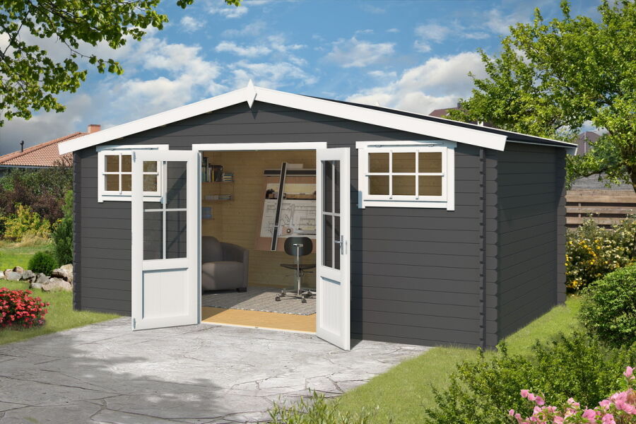 Gartenhaus WASHINGTON; 480 x 376 cm; 28 mm Blockbohlen; CARBON GRAU lackiert