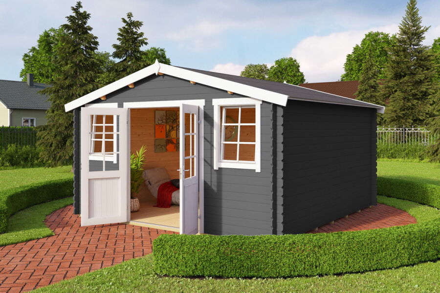Gartenhaus WELS 4; 390 x 390 cm; 28 mm Blockbohlen; CARBON GRAU lackiert