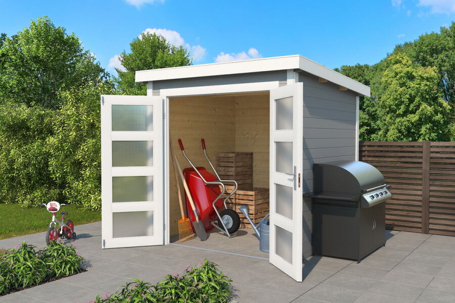 Gartenhaus ZAMBEZI 2; 200 x 250 cm; 28 mm Blockbohlen; LICHT GRAU lackiert