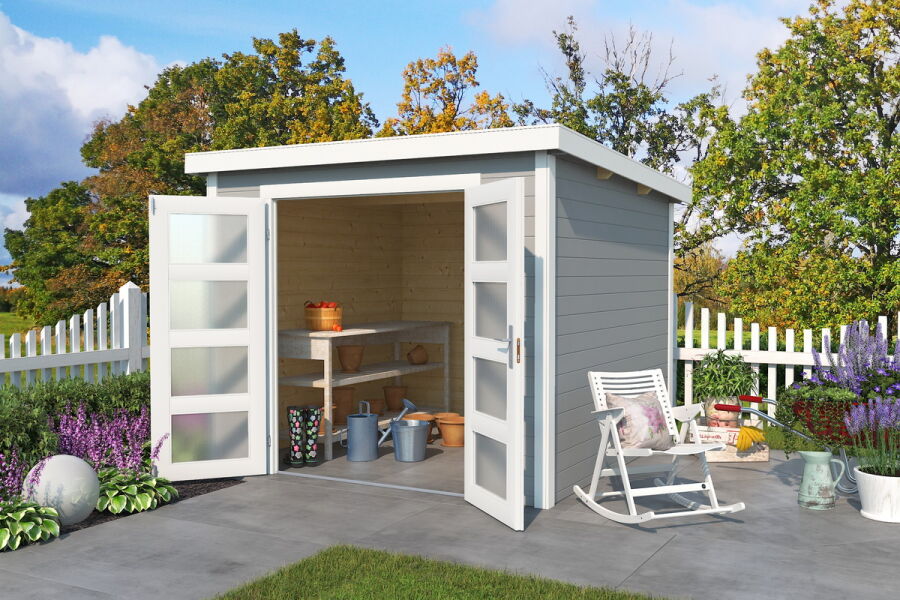 Gartenhaus ZAMBEZI 3; 250 x 200 cm; 28 mm Blockbohlen; LICHT GRAU lackiert