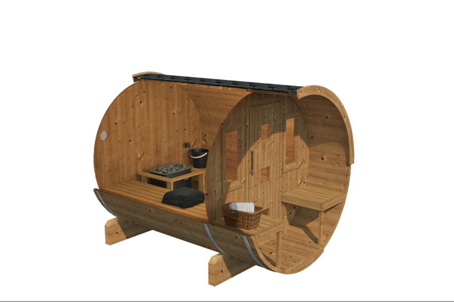 Saunafass Modell 205x250 cm mit 57cm Terrasse inkl. Dachschindeln schwarz, Bausatz, Thermoholz