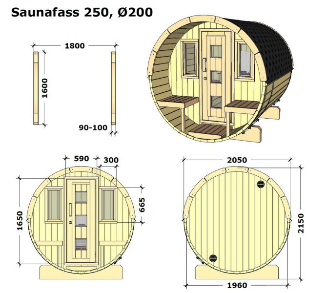 Saunafass Modell 205x250 cm mit 57cm Terrasse inkl. Dachschindeln schwarz, Bausatz, Thermoholz