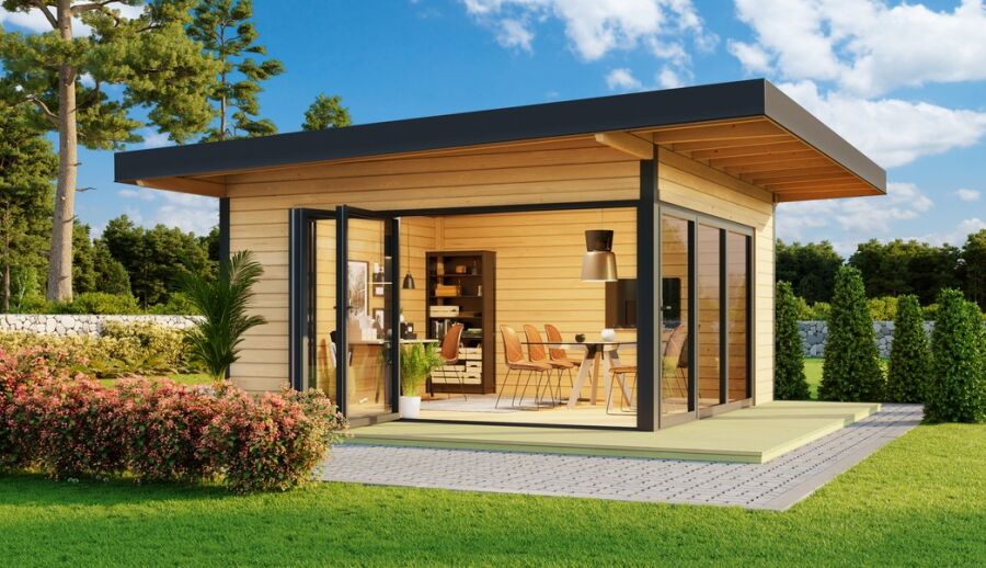 Lasita Maja Premium Gartenhaus DOMEO 9 ISO Natur/Anthrazit; 450 x 450 m; 70 mm Doppelnut; inklusive Boden