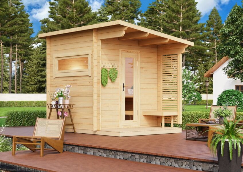 Saunahaus RAUMA 3 PLUS 300 x228 cm; 40mm Doppelnut; inkl. Terrasse; inkl. Boden