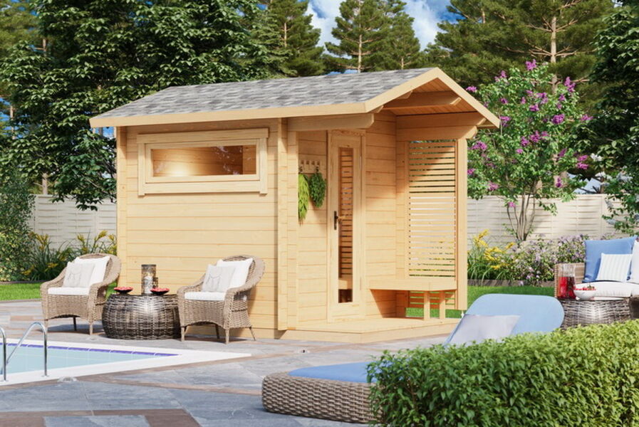 Saunahaus TURKU 3 PLUS 300 x228 cm; 40mm Doppelnut; inkl. Terrasse; inkl. Boden