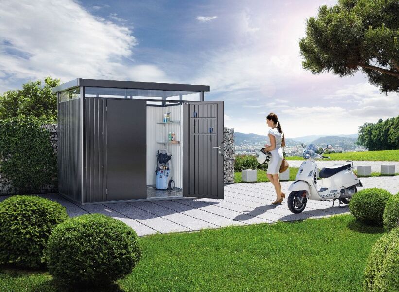 9003414840102 - Biohort Gerätehaus HighLine Gr HS dunkelgrau-metallic Standardtür für Einbau in kurzer Seitenwand 155 x 275 x 222
