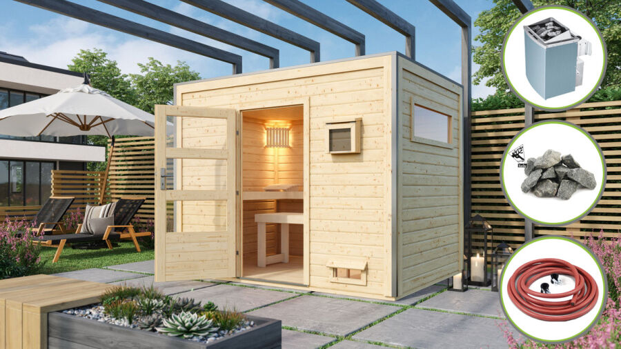 Karibu Saunahaus TOPGARDEN 7 / THEO / terragrau / mit 9KW Ofen integr. Strg. / *AKTION*