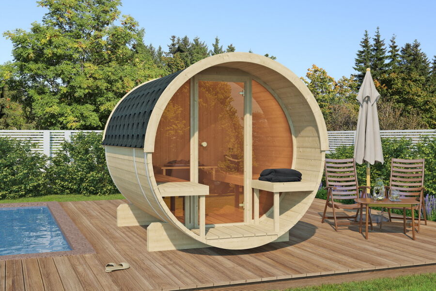 Saunafass Modell 205x250 cm mit 57cm Terrasse, Front Voll verglast, inkl. Dachschindeln schwarz, Saunafass Bausatz