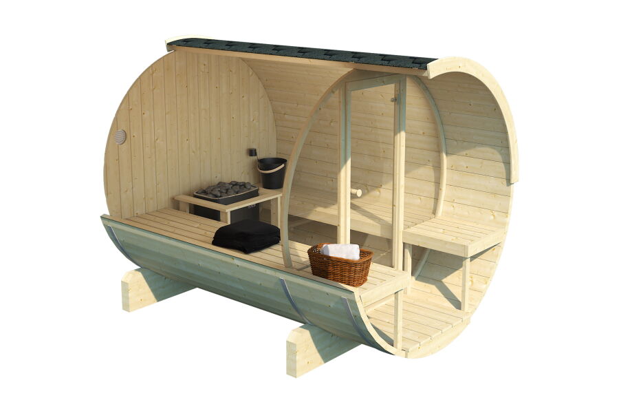 Saunafass Modell 205x250 cm mit 57cm Terrasse, Front Voll verglast, inkl. Dachschindeln schwarz, Saunafass Bausatz