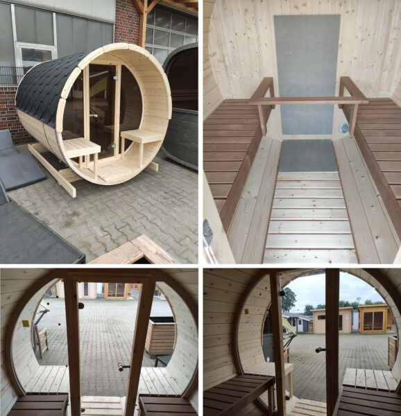 Saunafass Modell 205x250 cm mit 57cm Terrasse, Front Voll verglast, inkl. Dachschindeln schwarz, Saunafass Bausatz