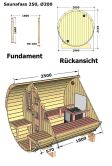 Saunafass Modell 205x250 cm mit 57cm Terrasse, Front Voll verglast, inkl. Dachschindeln schwarz, Saunafass Bausatz