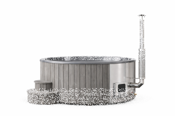 Hot Tub DeLux GRAU gestrichen / GFK - Einsatz grau / V2A Ofen inkl. LED, Whirlpool und mit Premium Leder Deckel, ø 200 cm, mit integriertem Aussenofen, Thermoholz beplankt und gestrichen in grau