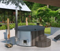 Hot Tub DeLux GRAU gestrichen / GFK - Einsatz grau / V2A Ofen inkl. LED, Whirlpool und mit Premium Leder Deckel, ø 200 cm, mit integriertem Aussenofen, Thermoholz beplankt und gestrichen in grau