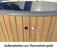 Hot Tub DeLux GRAU gestrichen / GFK - Einsatz grau / V2A Ofen inkl. LED, Whirlpool und mit Premium Leder Deckel, ø 200 cm, mit integriertem Aussenofen, Thermoholz beplankt und gestrichen in grau