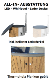 Hot Tube DeLux GRAU gestrichen / GFK - Einsatz grau / V2A Ofen inkl. LED, Whirlpool und mit Premium Leder Deckel, ø 200 cm, mit integriertem Aussenofen, Thermoholz beplankt und gestrichen in grau