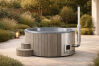 Hot Tub DeLux GRAU gestrichen / GFK - Einsatz grau / V2A Ofen inkl. LED, Whirlpool und mit Premium Leder Deckel, ø 200 cm, mit integriertem Aussenofen, Thermoholz beplankt und gestrichen in grau