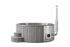 Hot Tub DeLux GRAU gestrichen / GFK - Einsatz grau / V2A Ofen inkl. LED, Whirlpool und mit Premium Leder Deckel, ø 200 cm, mit integriertem Aussenofen, Thermoholz beplankt und gestrichen in grau