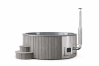 Hot Tube DeLux GRAU gestrichen / GFK - Einsatz grau / V2A Ofen inkl. LED, Whirlpool und mit Premium Leder Deckel, ø 200 cm, mit integriertem Aussenofen, Thermoholz beplankt und gestrichen in grau