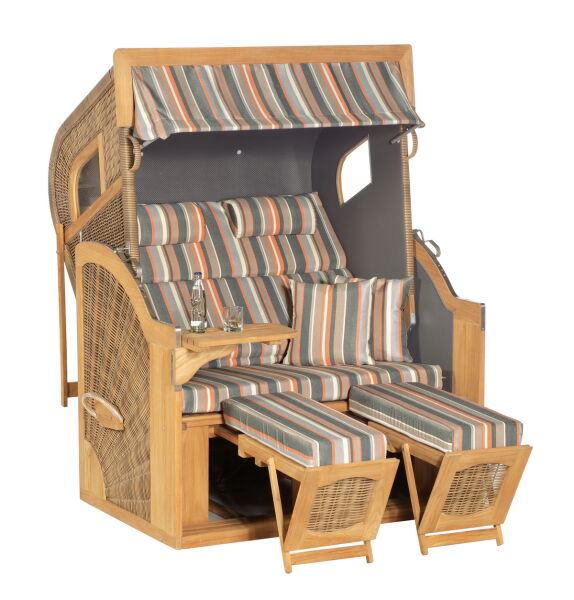 Strandkorb 3/4-Liegemodell Rustikal 405 Z Comfort XL TEAK mit seitlichen Fenstern Kunststoffgeflecht antik-braun 2-Sitzer-XL Stoff 1235