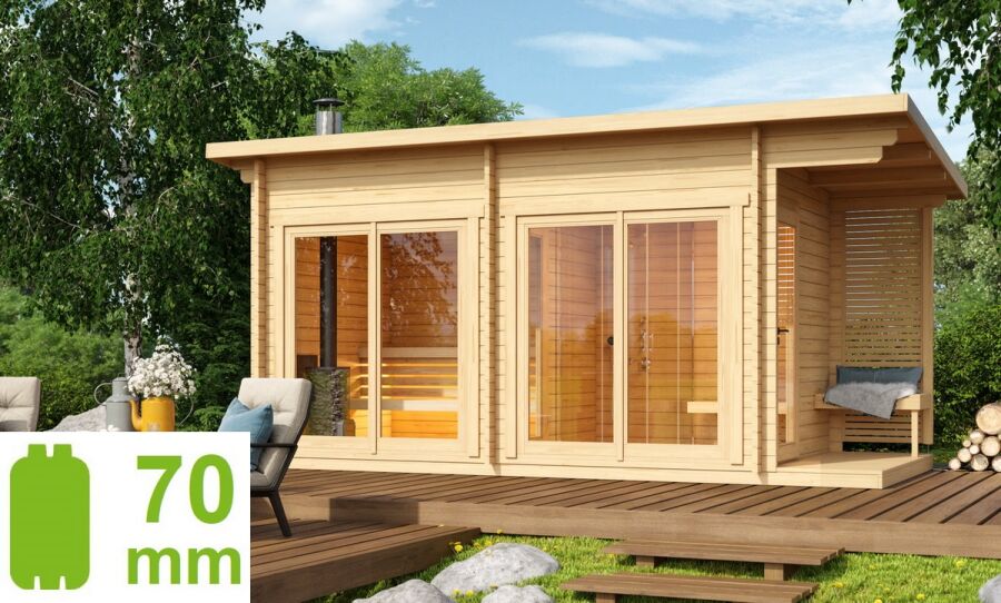 Saunahaus HALMAR 5 PLUS ISO 505 x228 cm; 70mm Doppelnut; inkl. Terrasse; inkl. Boden