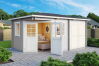 Gartenhaus PFALZ 5-Eck 420x280 cm Sockelmass; 2-Raum Haus; 28mm Blockbohlen; ohne Boden; LICHT-GRAU lackiert