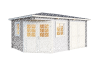 Gartenhaus PFALZ 5-Eck 420x280 cm Sockelmass; 2-Raum Haus; 28mm Blockbohlen; ohne Boden; LICHT-GRAU lackiert