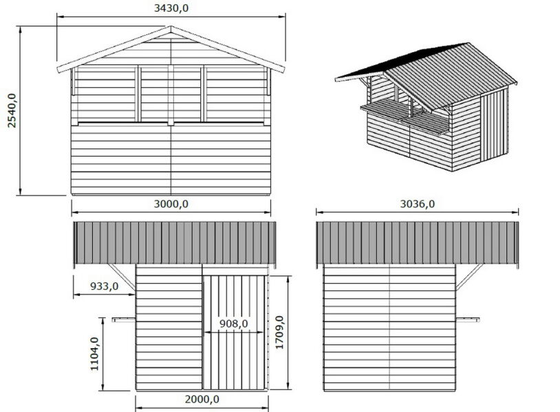 Marktstand Kiosk 300x200 cm 16mm Wandelemente + 16mm Dachelemente und 16mm Boden inkl. Unterkonstruktion
