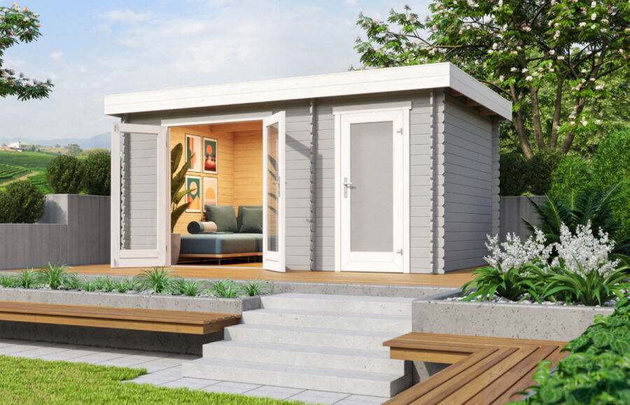 Gartenhaus LINDA28 440x300 cm (L); 28 mm; 2 Räume; ohne Boden; LICHT-GRAU lackiert