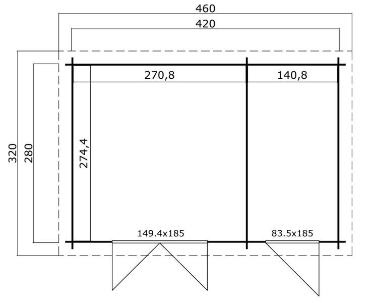Gartenhaus LINDA28 440x300 cm (L); 28 mm; 2 Räume; ohne Boden; LICHT-GRAU lackiert