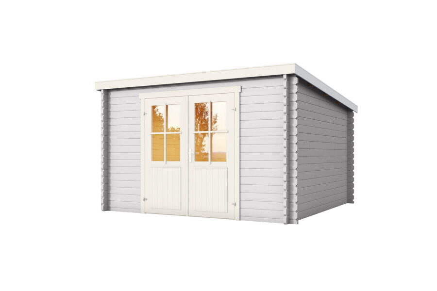 Gartenhaus JONTE Flachdach 312x312 cm (L), 40mm Doppelnut, ohne Boden; LICHT-GRAU lackiert