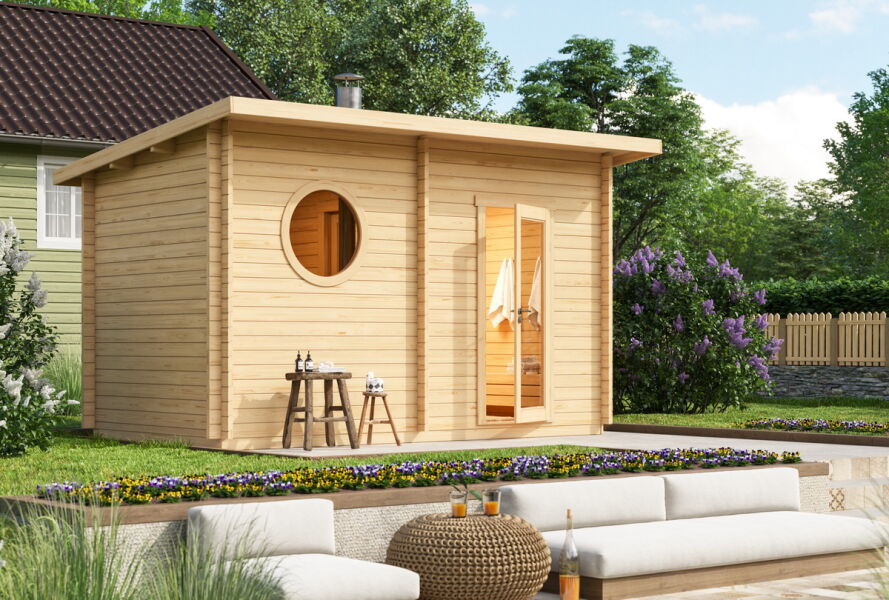 Saunahaus HENK 392x228 cm; mit rundem Fenster; 40mm Doppelnut; inkl. Boden