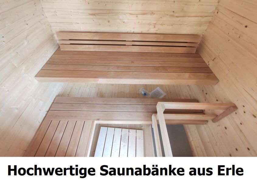 Saunafass BUS Quadratisch Modell "Fichte Natur" 160 x 219 cm Version 4 (Vollverglaste Front + Rückwand halbverglast) inkl. Dachschindeln schwarz, Bausatz