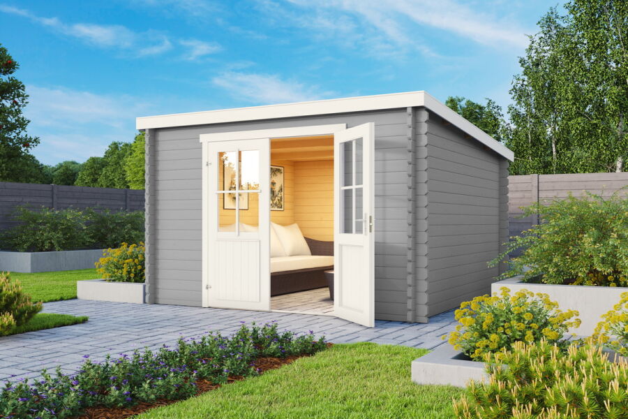 Gartenhaus JONTE Flachdach 312x312 cm (L), 40mm Doppelnut, ohne Boden; VERKEHRS-GRAU lackiert