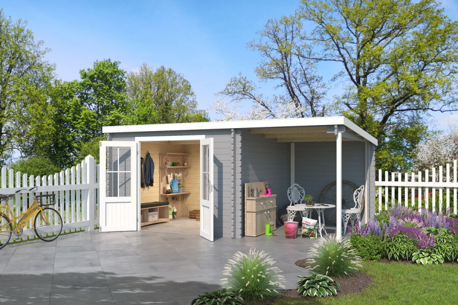 Gartenhaus KANSAS 312x501 cm (L); 40 mm Doppelnut; ohne Boden; 200 cm Schleppdach; VERKEHRS-GRAU lackiert