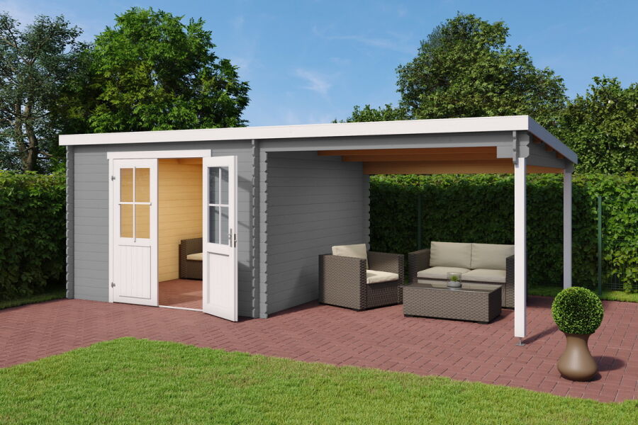 Gartenhaus LENNOX Flachdach 601x312, 28mm Bohlen (L), ohne Boden; VERKEHRS-GRAU lackiert