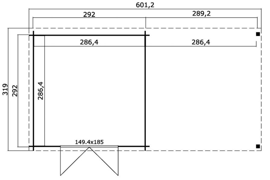 Gartenhaus LENNOX Flachdach 601x312, 28mm Bohlen (L), ohne Boden; VERKEHRS-GRAU lackiert