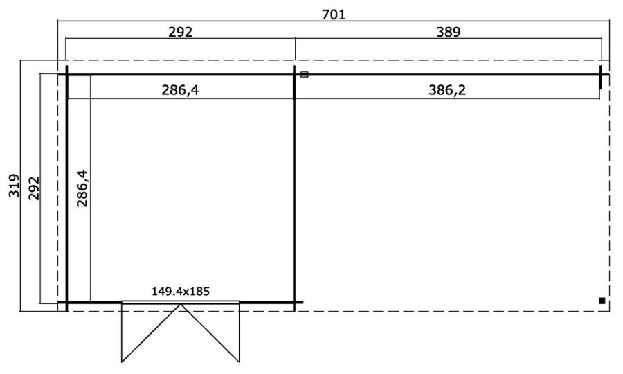 Gartenhaus ST. LOUIS  292x701 cm (L) + 400 cm Schleppdach, 28 mm,  GRAU-BEIGE lackiert