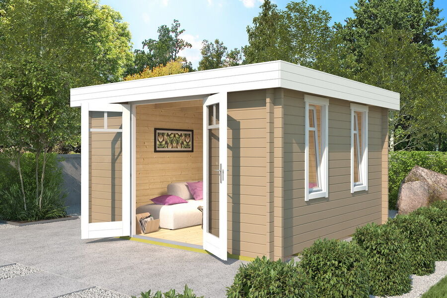 Gartenhaus FABIAN 370 x 370 cm (L); 40 mm Doppelnut; inklusive Boden; ISO Verglasung; GRAU-BEIGE lackiert