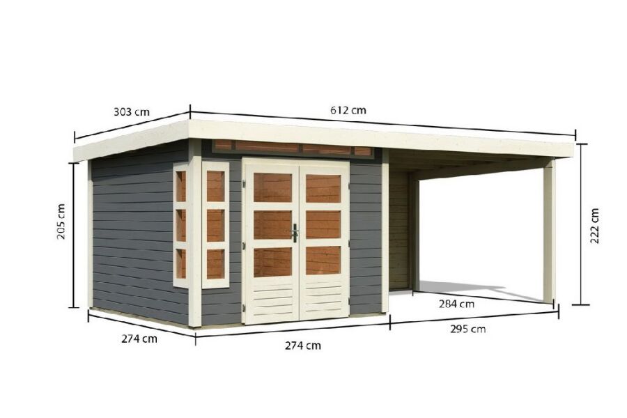 Karibu Gartenhaus KASTORF 6 im Set mit Anbaudach 3,2 m Breite und 28 mm Rückwand terragrau 28mm Wandstärke