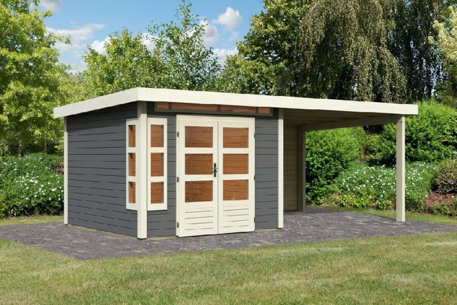 Karibu Gartenhaus KASTORF 6 im Set mit Anbaudach 3,2 m Breite und 28 mm Rückwand terragrau 28mm Wandstärke