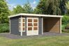 Karibu Gartenhaus KASTORF 6 im Set mit Anbaudach 3,2 m Breite und 28 mm Rückwand + Seitenwand terragrau 28mm Wandstärke