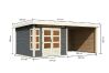 Karibu Gartenhaus KASTORF 6 im Set mit Anbaudach 3,2 m Breite und 28 mm Rückwand + Seitenwand terragrau 28mm Wandstärke
